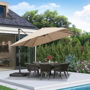 10 ft. Square Aluminum Outdoor Patio Cantilever Umbrella Offset 360° Rotation Umbrella with Base, Beige