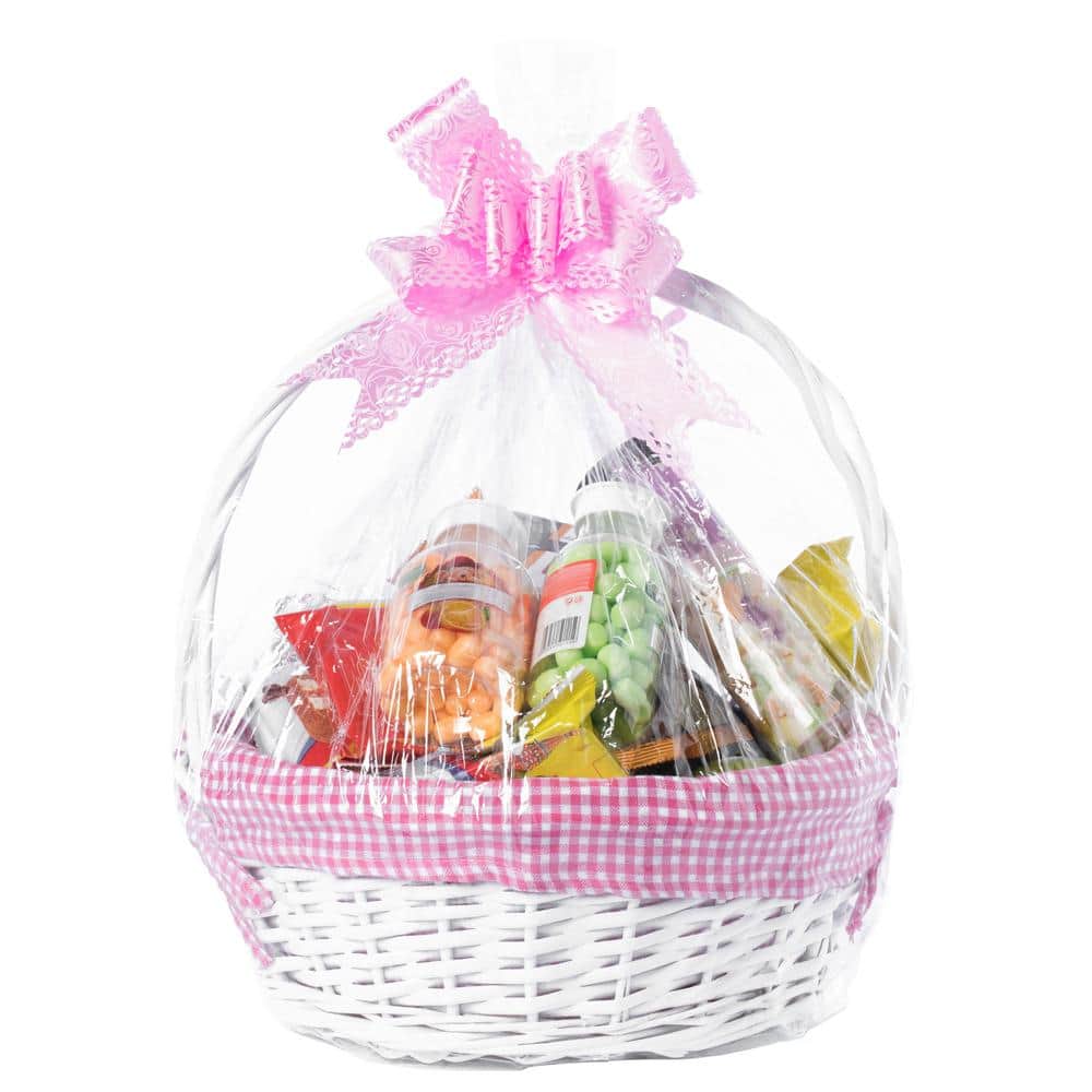 White Wicker Round Basket with Pink Gingham Liner