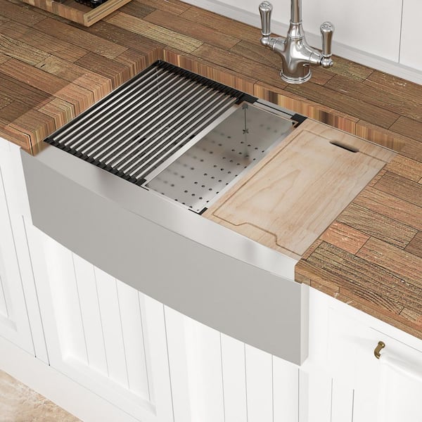 Dueyeeri - 36 in. Farmhouse Single Bowl 16-Gauge Brushed Nickel Stainless Steel Kitchen Sink with Workstation