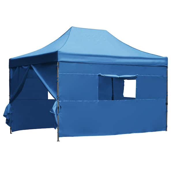 10 ft. x 15 ft. Blue Heavy-Duty Party Pop Up Canopy Tent with 4 Sidewalls, 3 Height Adjustable