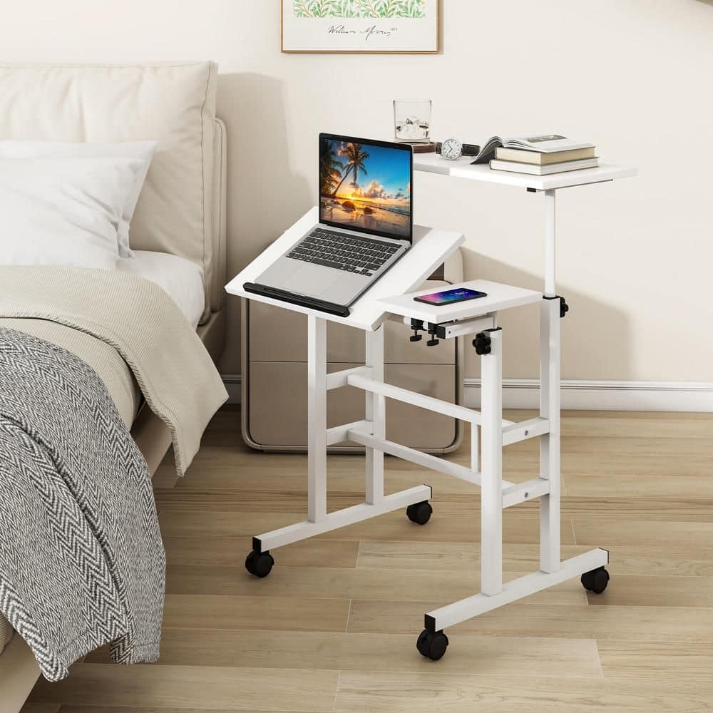 Gymax White 27.5 in. Adjustable Computer Desk Mobile Stand up Desk