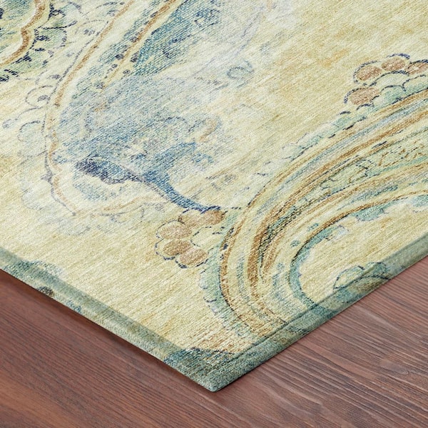 Chantille Machine Washable Indoor/Outdoor Abstract ACN2747 Gold 8 ft. x 8 ft. Round Rug