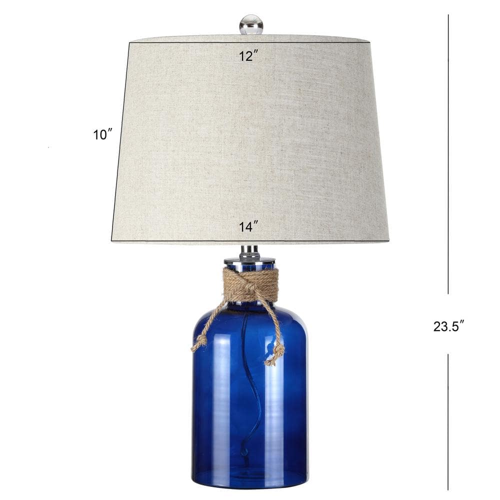 Azure Blue Glass Bottle Table Lamp with Linen Shade