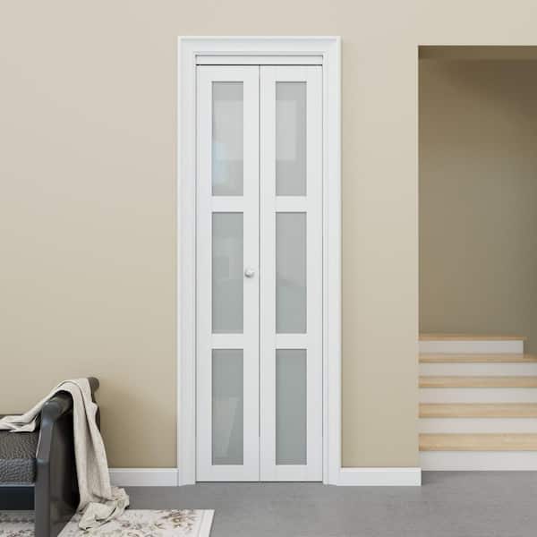 24 in. x 96 in. 3-Lite Frosted Glass Solid Core White MDF Finished Glass Closet Bi-fold Door with Hardware