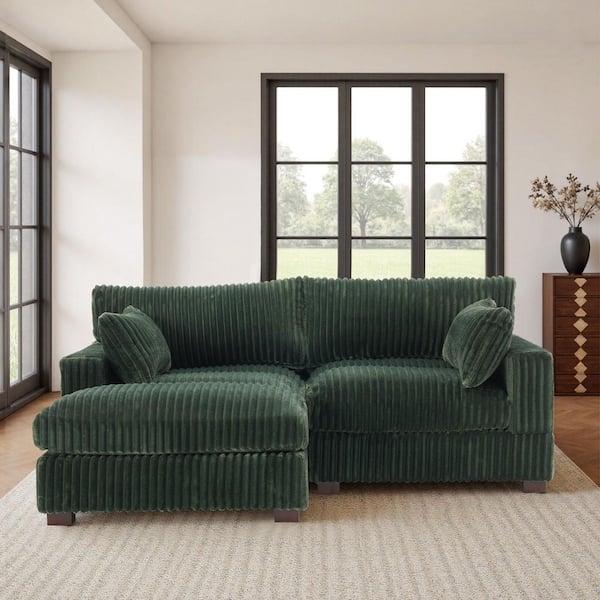 79.92 in. Modern Square Arm 2-Piece Faux Rabbit Fur Fabric L-Shaped Left Facing Sectional Sofa in Green