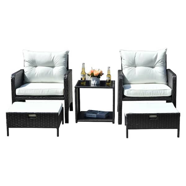 PATIOGUARDER 5-Pieces Wicker/Rattan Patio Conversation Seating Group with White Cushions (2-Person)