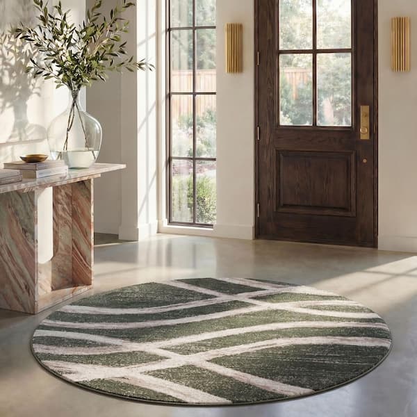Adirondack Dark Green/Ivory 6 ft. x 6 ft. Waves Round Area Rug