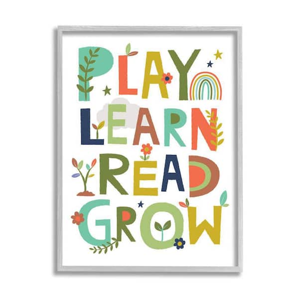 The Stupell Home Decor Collection Play Learn Read Grow Children's Rainbow Flowers by Lisa Perry Whitebutton Framed Typography Art Print 14 in. x 11 in.