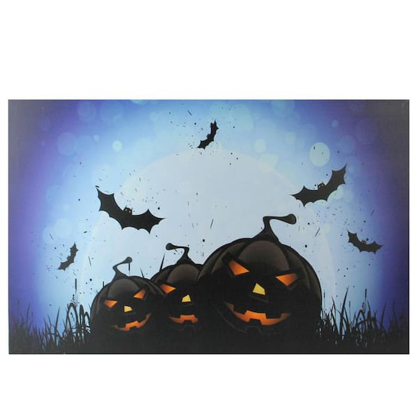 23.5 in. x 15.5 in. LED Lighted Jack-O-Lanterns and Bats Halloween Canvas Wall Art