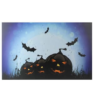 23.5 in. x 15.5 in. LED Lighted Jack-O-Lanterns and Bats Halloween Canvas Wall Art