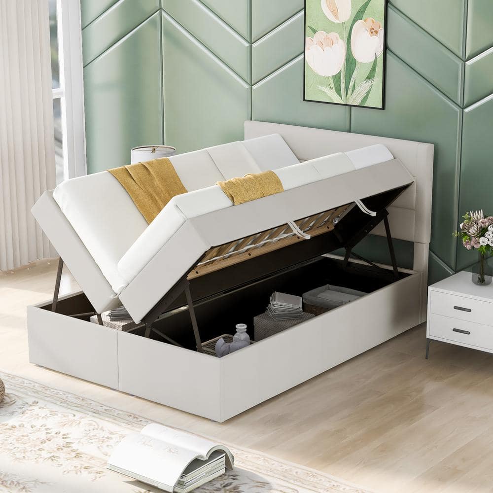 URTR Beige Wood Frame Full Size Upholstered Platform Bed with Storage ...