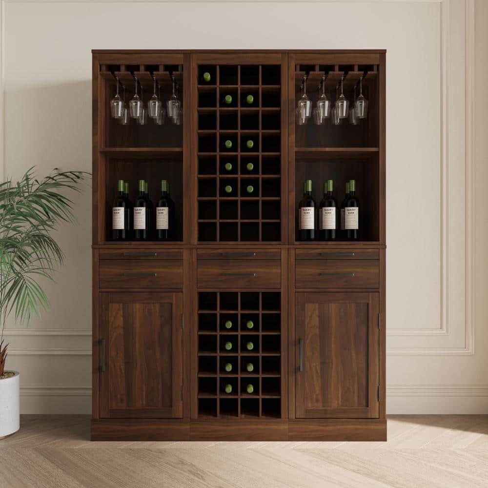 18" Floor Wine Bar Cabinet with Hutch & Shelves, Brown Walnut