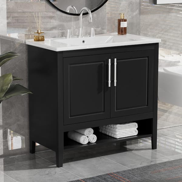 Nivencai 36 in. W x 18 in. D x 34 in. H Single Sink Fresstanding Bath Vanity in Black with White Ceramic Top and Drawers