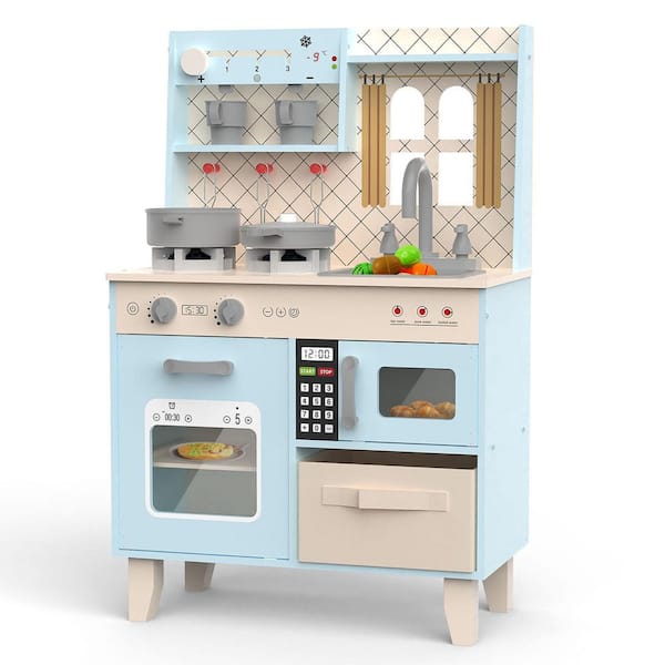 Wooden Play Kitchen for Kids Compact Pretend Kitchen Playset w/Lights, Sounds Double Oven Coffee Maker and 24Accessories