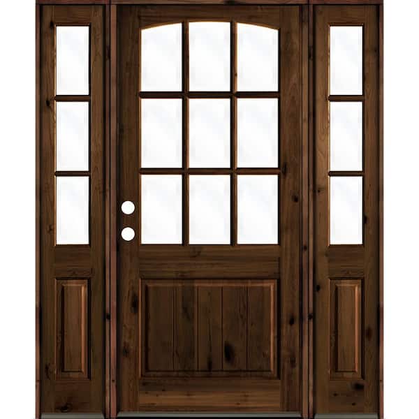 Krosswood Doors 60 in. x 96 in. Knotty Alder Right-Hand/Inswing 9-Lite Clear Glass Red Mahogany Stain Wood Prehung Front Door/Sidelites