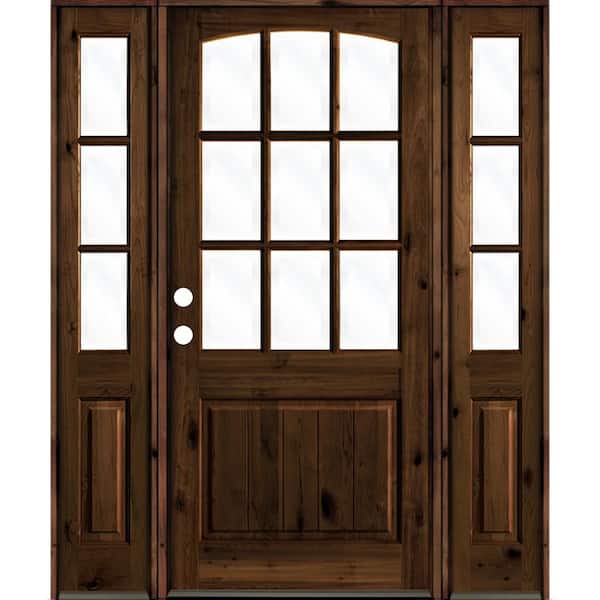 Krosswood Doors 70 in. x 96 in. Knotty Alder Right-Hand/Inswing 9-Lite Clear Glass Red Mahogany Stain Wood Prehung Front Door/Sidelites