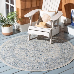 Courtyard Gray/Navy 4 ft. x 4 ft. Border Floral Scroll Indoor/Outdoor Patio  Round Area Rug