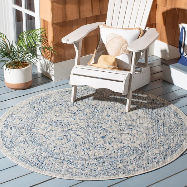 Courtyard Gray/Navy 5 ft. x 5 ft. Round Border Indoor/Outdoor Patio  Area Rug