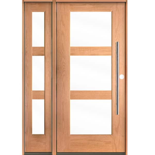 Krosswood Doors Modern Faux Pivot 50 in. x 80 in. 3-Lite Left-Hand/Inswing Clear Glass Teak Stain Fiberglass Prehung Front Door with LSL