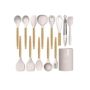 14Piece Silicon Cooking Utensils Set with Wooden Handles and Holder for Non-Stick Cookware, Khaki