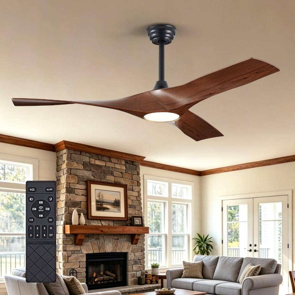 52 in. Walnut 3 Curved Blades Downrod Mounted Ceiling Fan with Black Housing Dimmable LED Light and Remote for Bedroom price history on PriceWatchPro