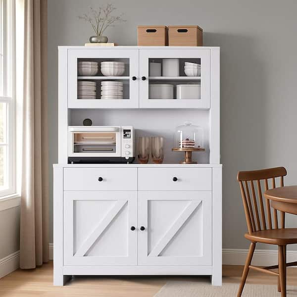 8-Shelf White Wood Kitchen Pantry Storage Cabinet with Drawers, Hutch Storage, Microwave Stand, Adjustable Shelve