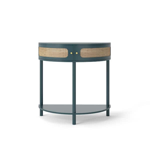 31.88 in. W 32.30 in. H x 15.75 in. D Wood Half Round Shelf in Antique Green with Sliding Rattan Door
