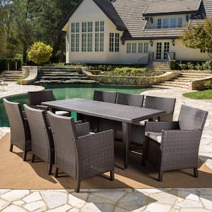Celeste Multi-Brown 9-Piece Faux Rattan Rectangular Outdoor Dining Set with Light Brown Cushions
