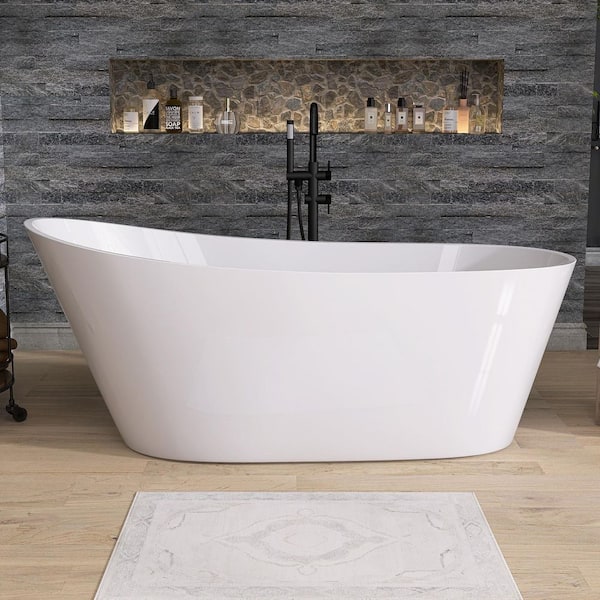 Neo 59 in. x 29.2 in. Acrylic Freestanding Soaking Bathtub Double Slipper Flatbottom Modern Tub with Side Drain in White