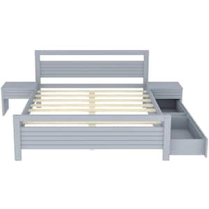 Gray Wood Frame Queen Platform Bed with 2 Storage Drawers and Bedside tables