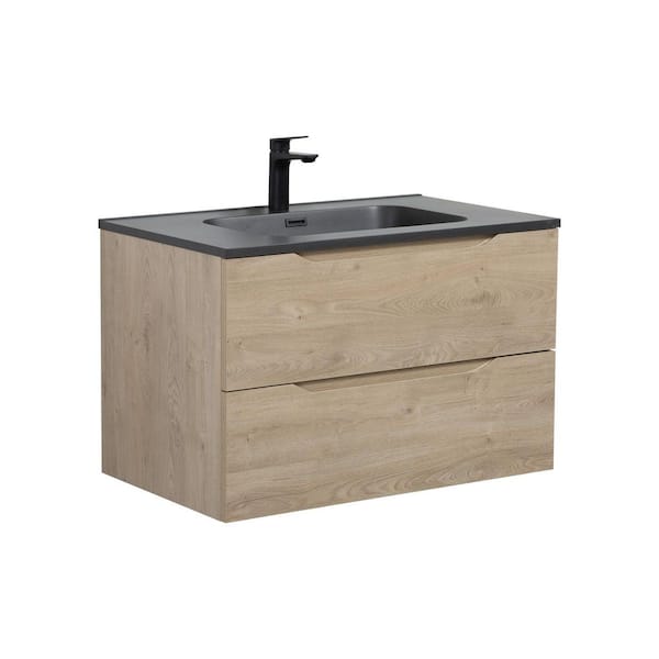 SD 31.5 in. W x 18.6 in. D Single Sink Floating Bath Vanity in Evita Oak Wood with Black Quartz Sand Composite Top