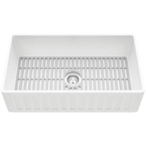 Matte Stone White Composite 33 in Single Bowl Slotted Farmhouse Apron-Front Kitchen Sink with Strainer and Silicone Grid