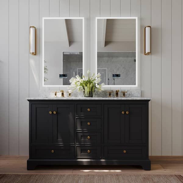 Ancerre Designs Audrey 66 in. W x 22 in. D x 34.3 in. H Double Sink Bath Vanity in Black Onyx with Italian Carrara White Marble Top