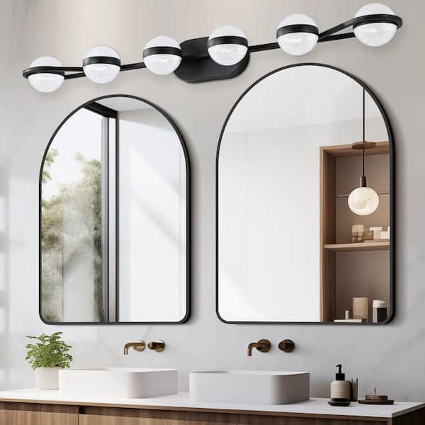 43 in. 6-Light Black Minimalist LED Scone Wall with Crystal Sand Acrylic Shades For Bathroom