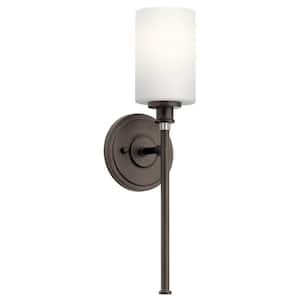 Joelson 1-Light Olde Bronze Bathroom Indoor Wall Sconce Light with Satin Etched Cased Opal Shade