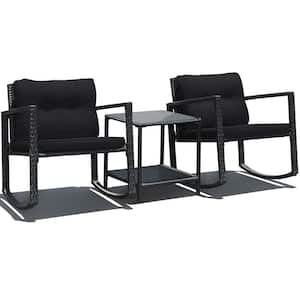 3-Piece Patio Rattan Furniture Set Rocking Chairs Black Cushioned Sofa