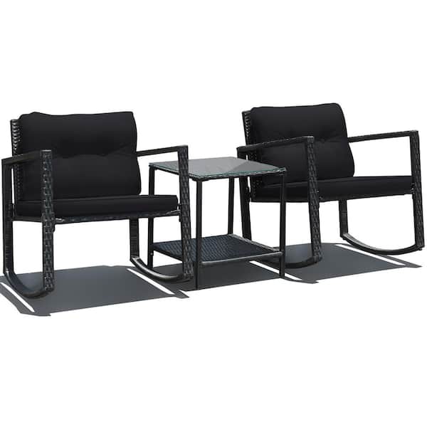 Costway 3-Piece Patio Rattan Furniture Set Rocking Chairs Black Cushioned Sofa