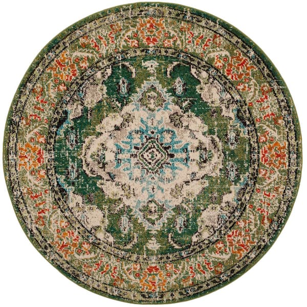 Monaco Green/Light Blue 12 ft. x 12 ft. Distressed Border Medallion Round Area Rug