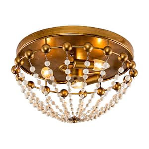 Farmhouse 16 in. 3-Light Antique Gold Bowl Flush Mount with Wood Beaded Shade