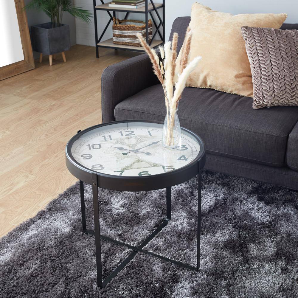 Black Round Metal and Glass Clock Accent Table