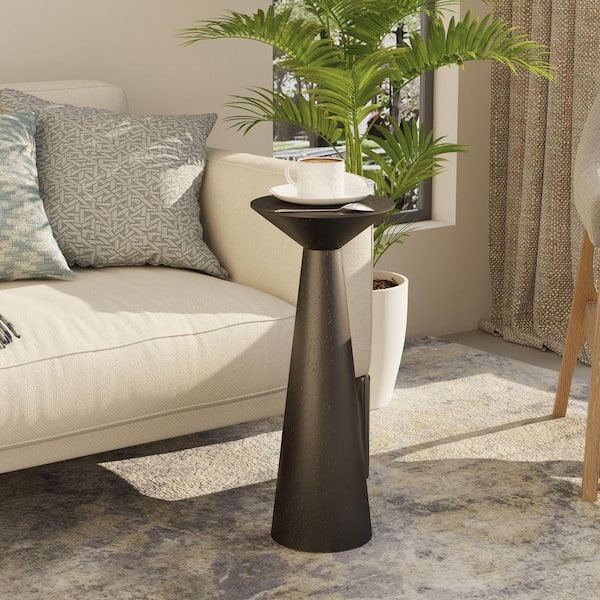 Rustic 9.84 in. Black Round Pine Wood Tall Pedestal End Table with Tapered Silhouette