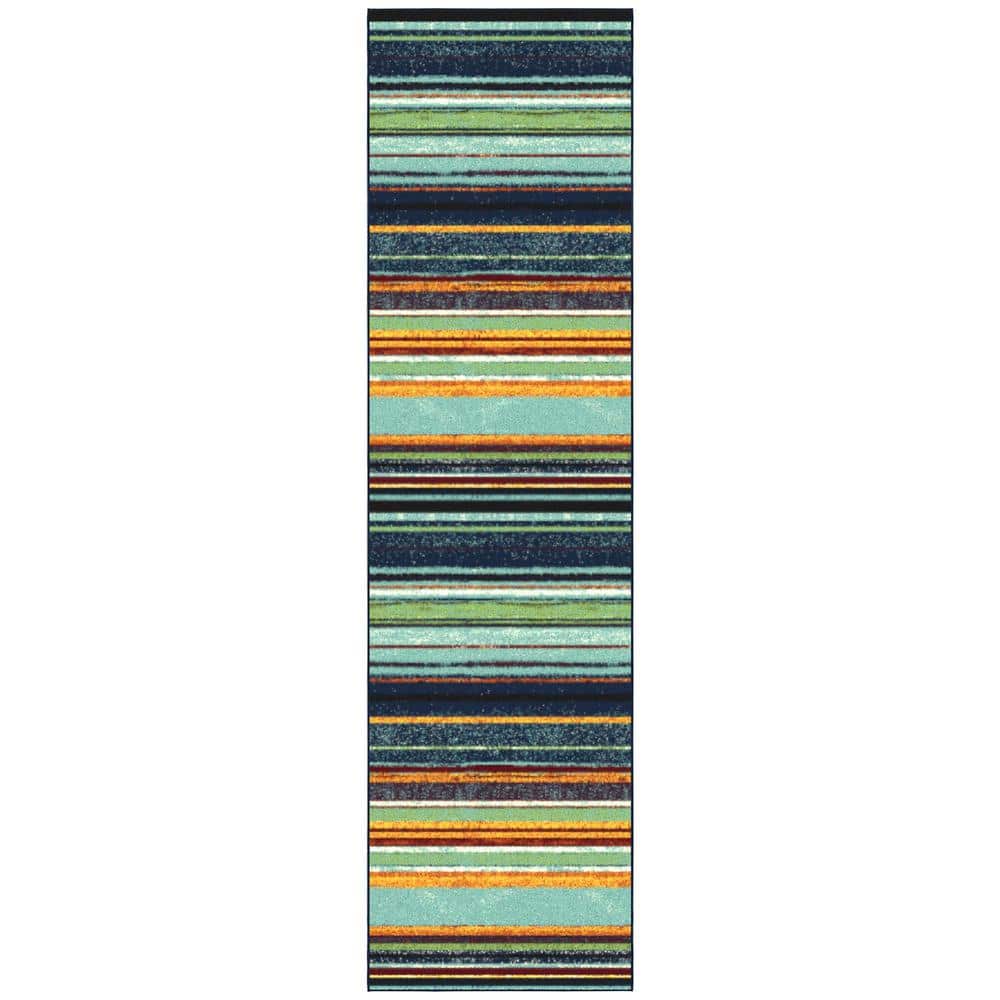 Multicolor Striped Non-Slip Synthetic Runner Rug, 2'7" x 9'10"