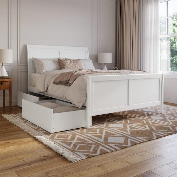 Portland White Solid Wood Frame Queen Platform Bed with Matching Footboard and Storage Drawers