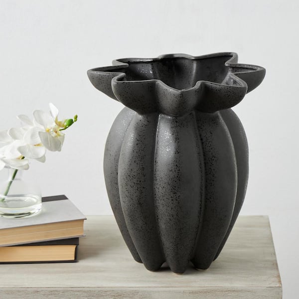 Litton Lane 15 in. Black Speckle Textured Ceramic Decorative Vase with Tulip Style Opening
