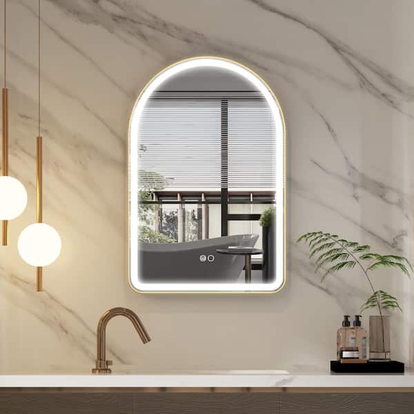 BONIE 24 in. W x 36 in. H Arched Framed LED Anti-Fog Wall Bathroom Vanity Mirror in Brushed Gold