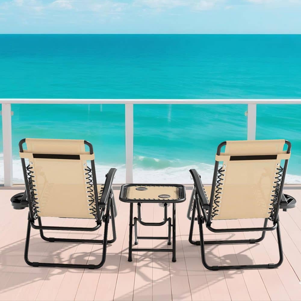 (Set of 3) Patio Sets Zero Gravity Chair with Tray and Table with Cup Holder Metal Outdoor Recliner with Cream Cushions price history on PriceWatchPro