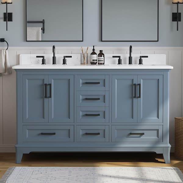 Rawsonville 61 in. Double Sink Freestanding Steel Blue Bath Vanity with White Quartz Top and Backsplash Assembled