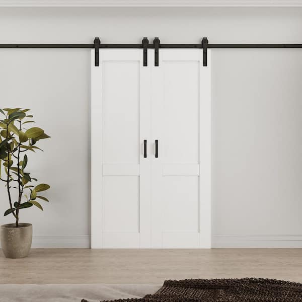 48 in. x 80 in. (Two 24 in. Slabs) Paneled 2-Lite White Primed MDF Sliding Barn Door with Hardware Kit