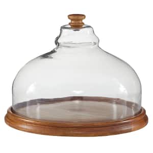 1- Tier 13 in. x 10 in. Brown Round Wood Cake Stand with Glass Cloche Cover