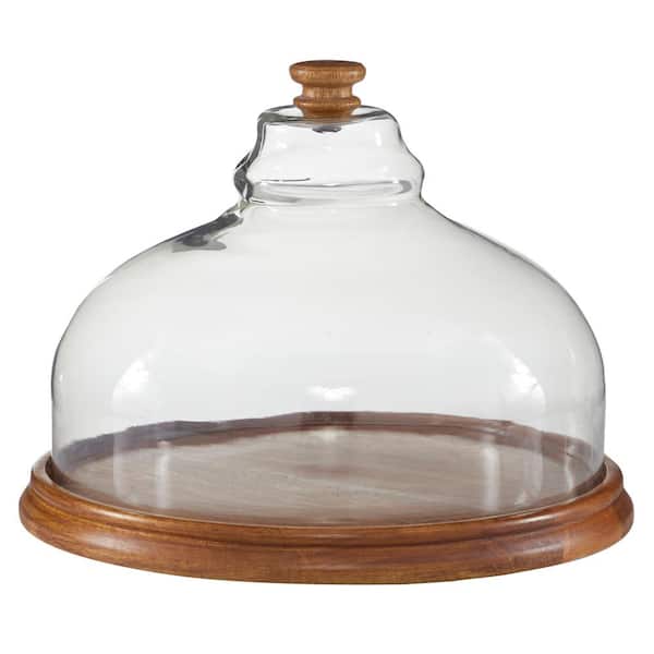Litton Lane 1- Tier 13 in. x 10 in. Brown Round Wood Cake Stand with Glass Cloche Cover